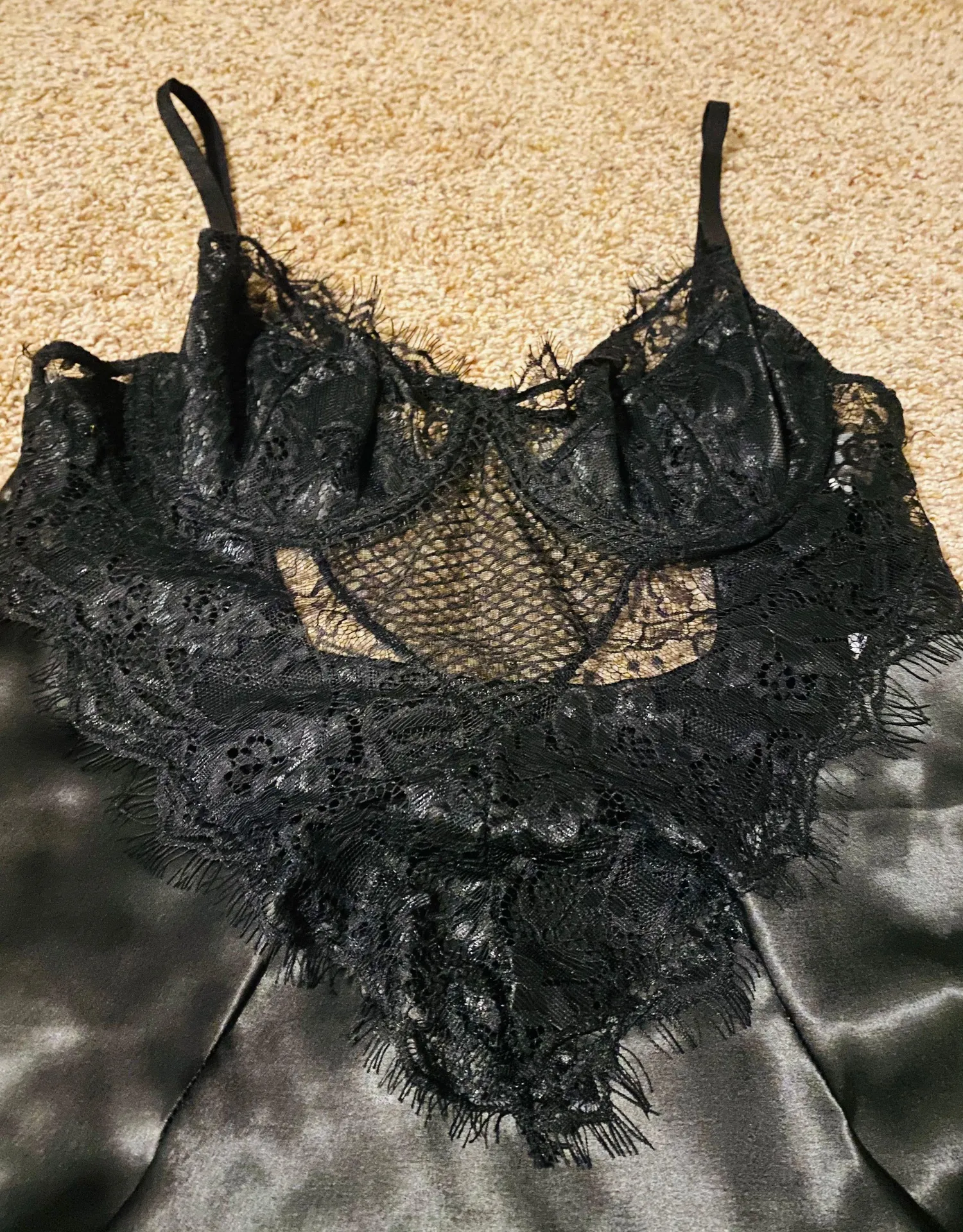 Black Satin Lace Dress Size L - Image 2