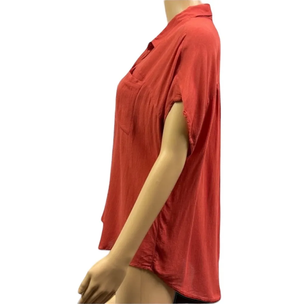 Lucky Brand Button Up Hi Low Cap Sleeve Blouse Pocket Top Deep Orange Womens M - Image 2