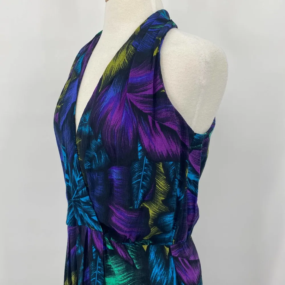 Vintage Dawn Joy Dress Surplice Pleating Tropical Print Indigo Cover Up Womens 8 - Image 5