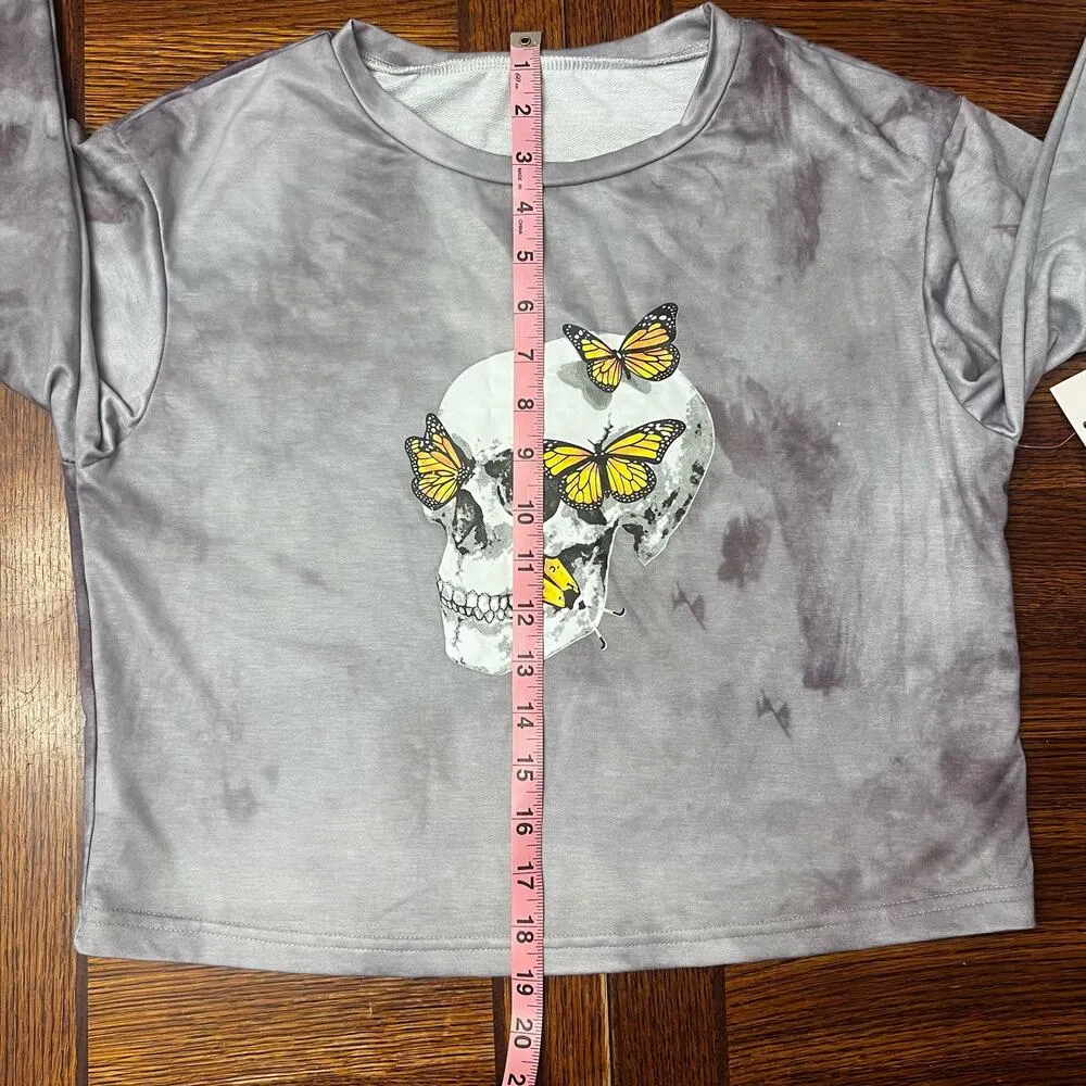 Rue 21 Romwe Gray White Tie Dye Skull Butterflies Halloween Crop Top Sm Size 4 - Image 10