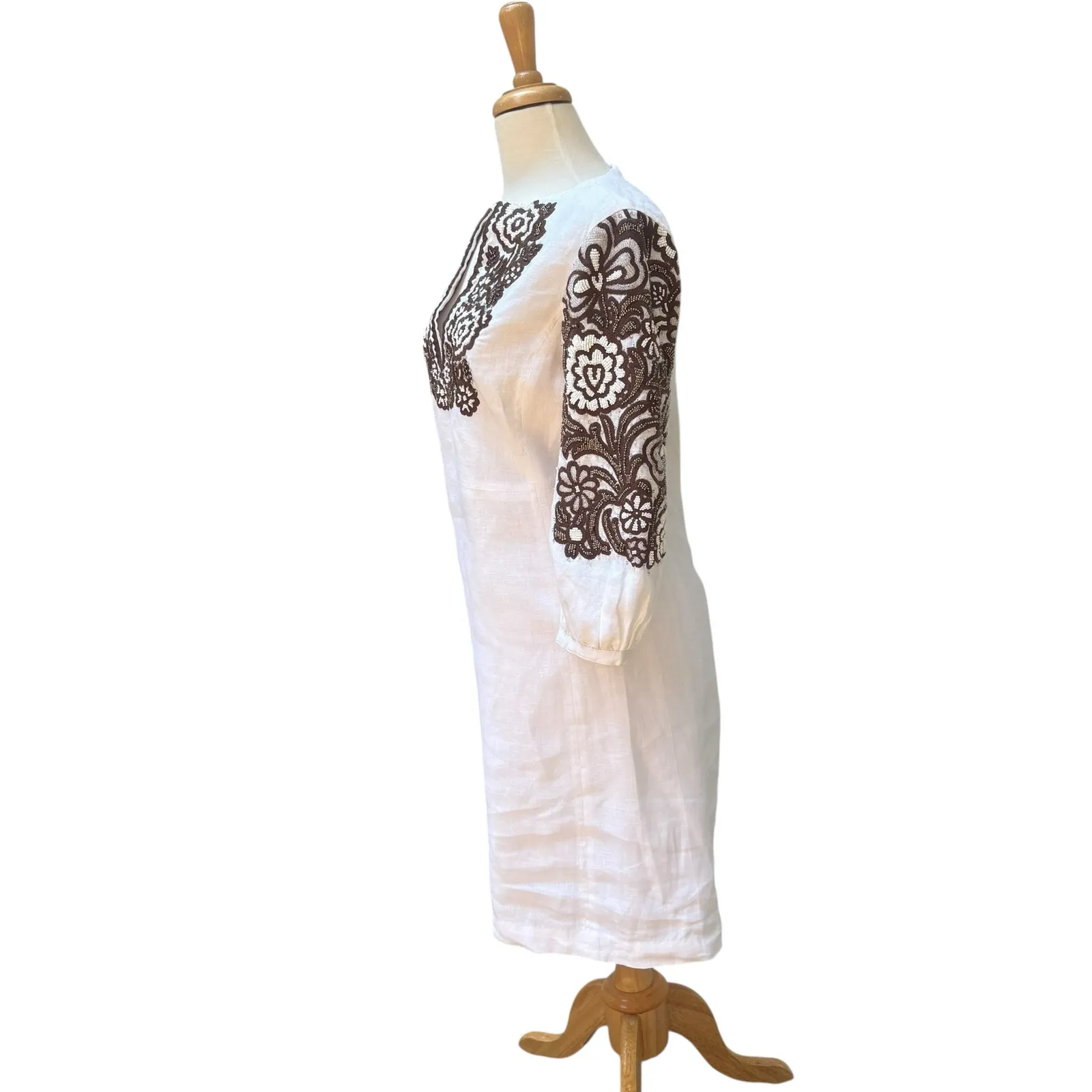 Tory Burch Beaded Mini Dress Tunic Sz 4 White Linen Brown Floral Embellished - Image 4