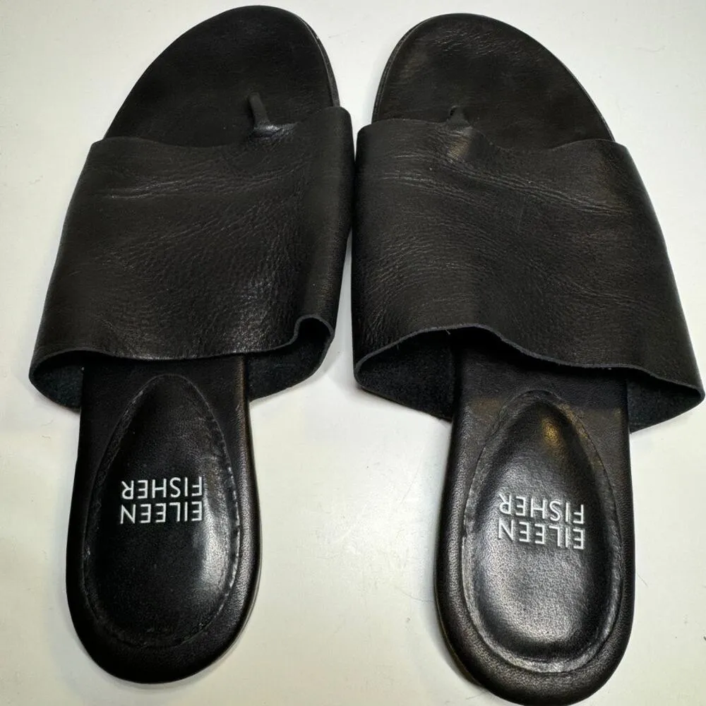 Eileen Fisher Black Leather Toe Ring Slides Sandals 6.5 Vero Cuoio Minimalist - Image 4