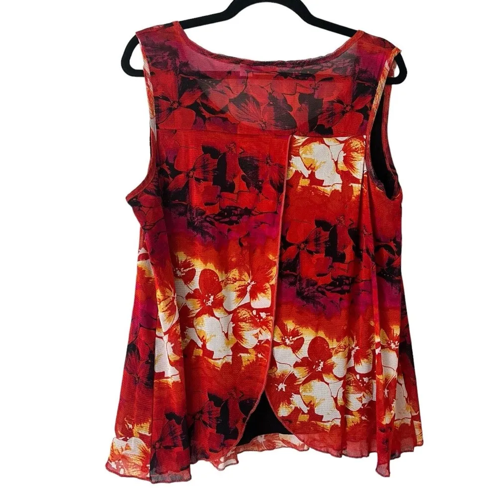 Cato Red Floral Tropical Sunset Drapey Pullover Sleeveless Blouse Womens Size XL - Image 2