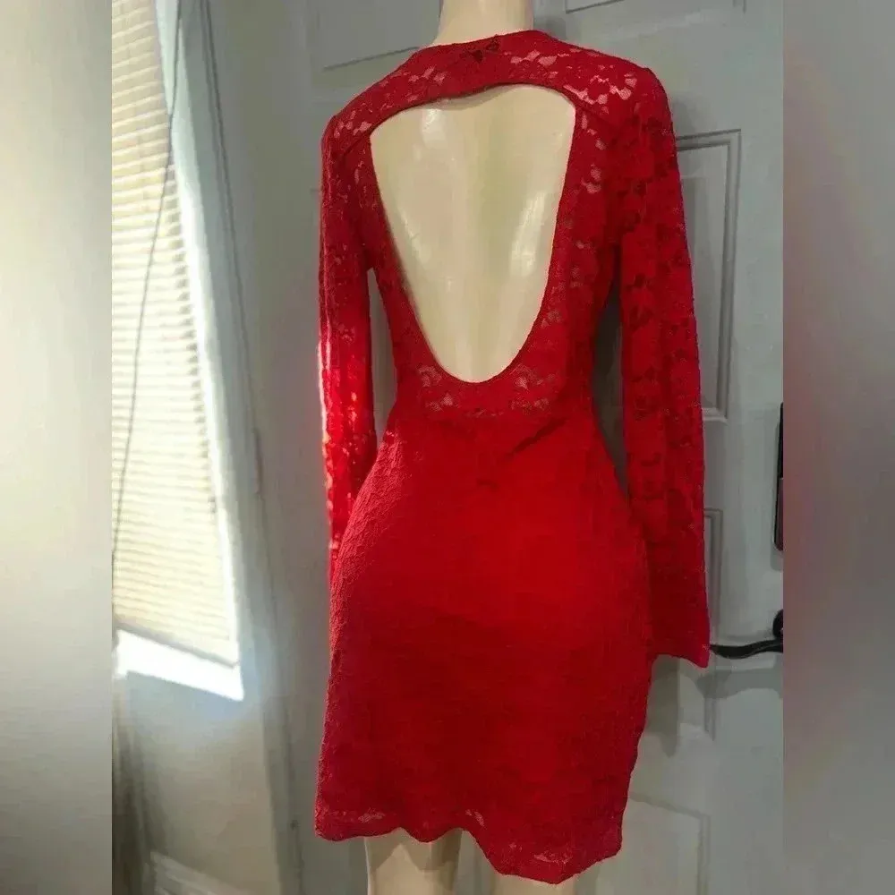Express Red Floral Lace Bodycon Long Sleeve Mini Dress size medium - Image 16