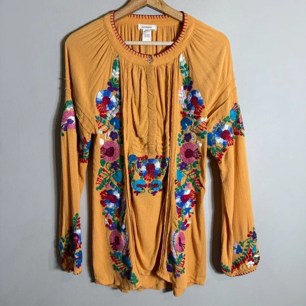 Sundance Catalog Fabled Table Embroidered Blouse Women's Small Gold Floral Flowy - Image 5