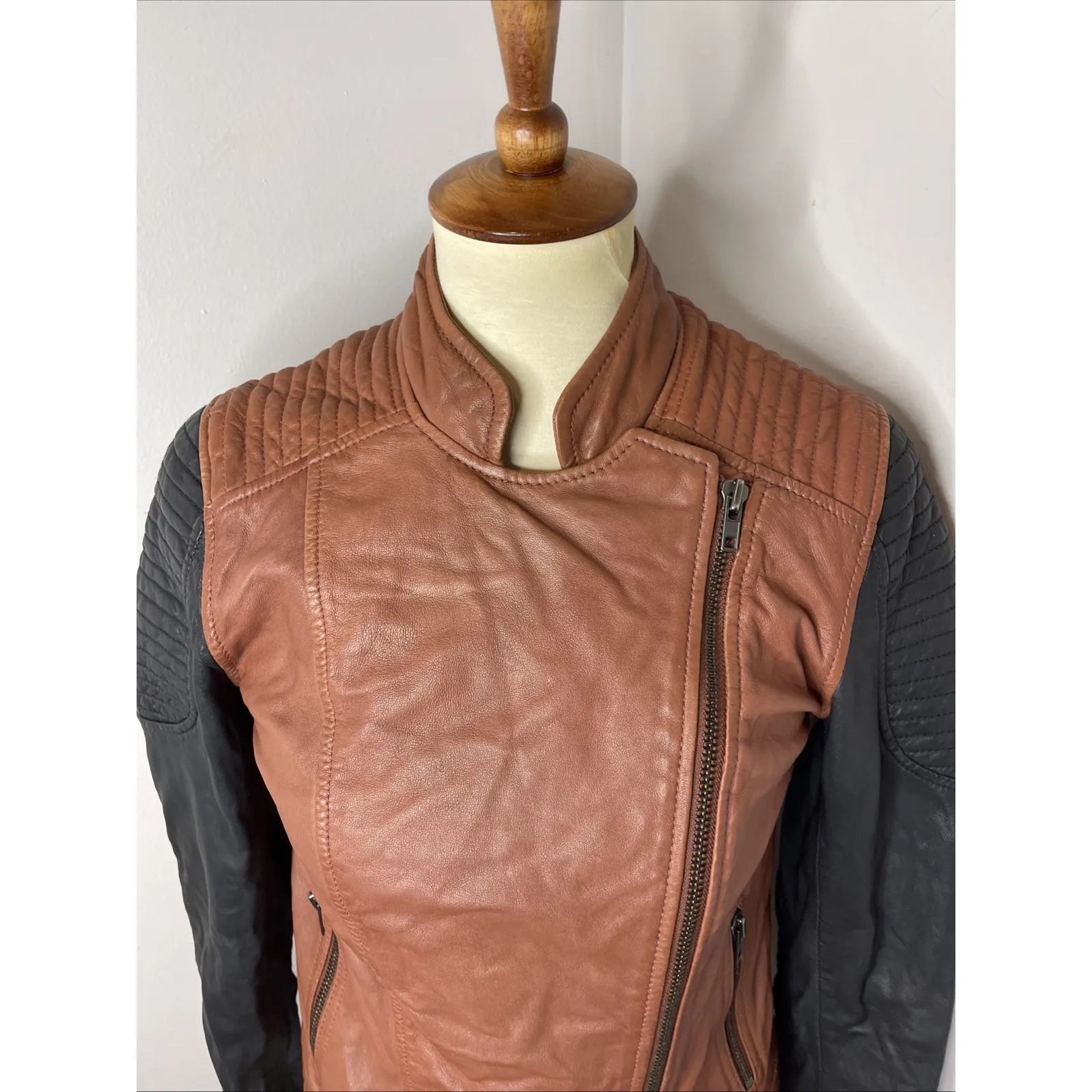Madewell Black Brown Colorblock Quilted Backroad Moto Leather Jacket Small S - Image 8