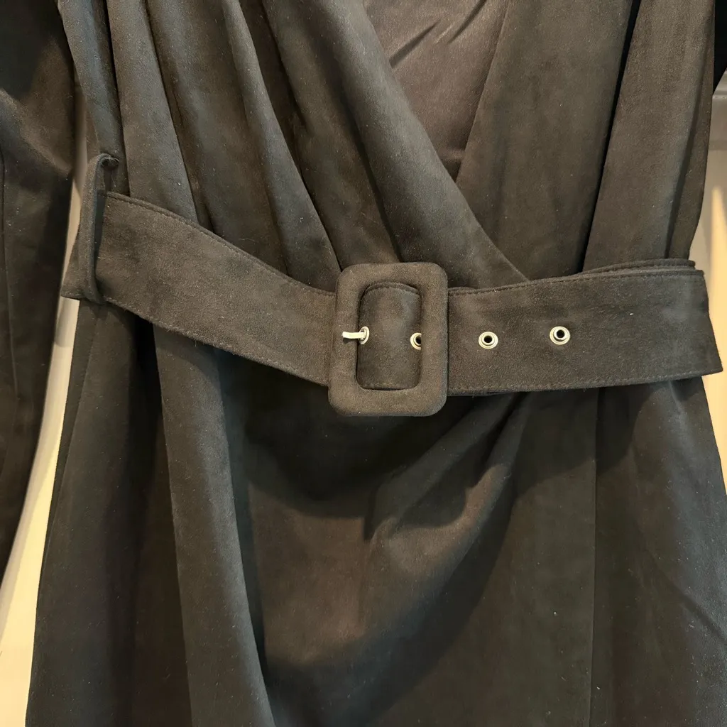 ZARA Wrap‎ Style Faux Suede Long Sleeve Mini Dress With Belt Black Size Large - Image 3