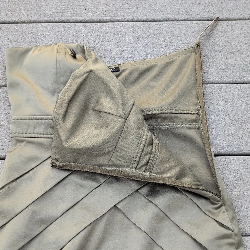 Rhapsody Satin Strapless Cocktail Dress | Juniors Olive Green Strapless Dress - Image 13