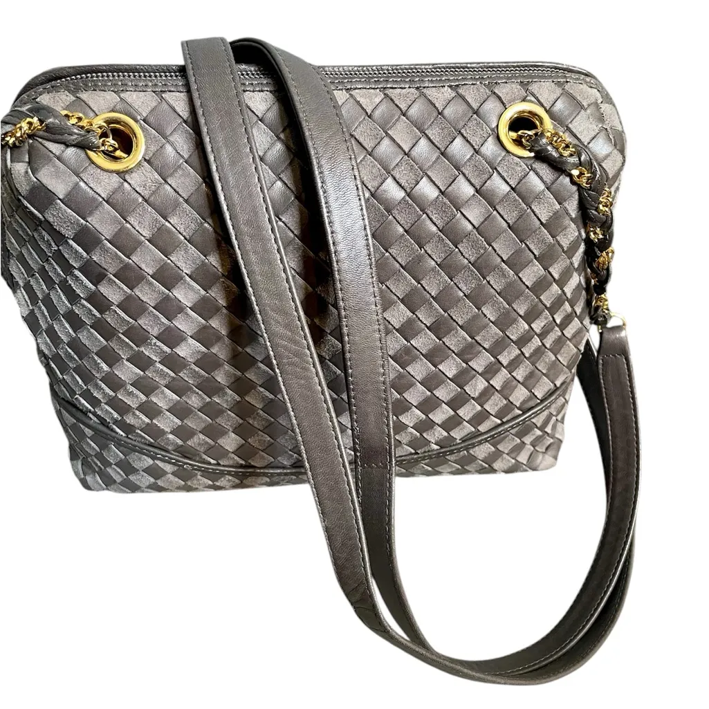 Bally Gray Woven Leather & Suede Vintage Intrecciato Double Strap Shoulder Bag - Image 9
