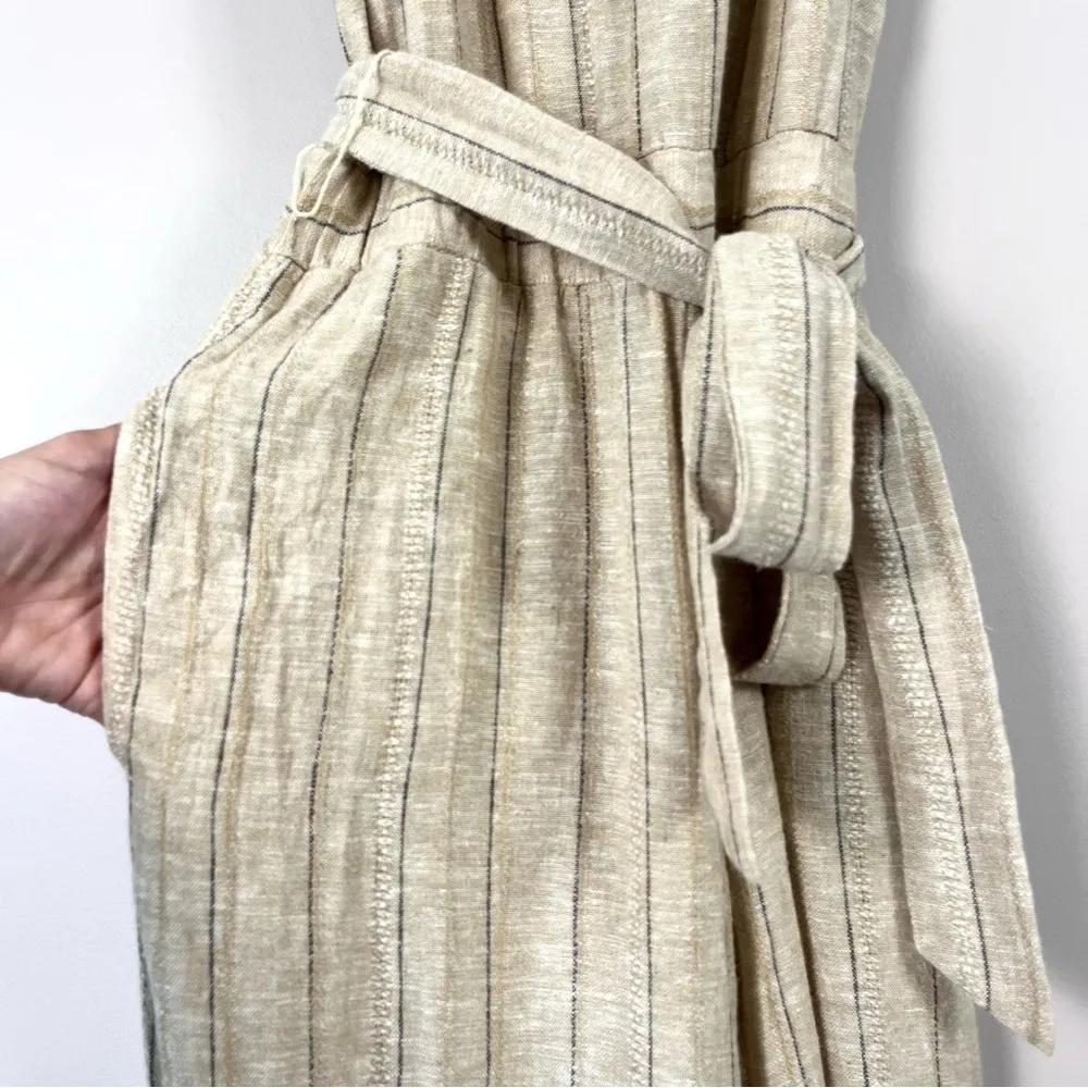 DREW x  Striped Khaki Linen Blend Cropped Jumpsuit XS - Image 6