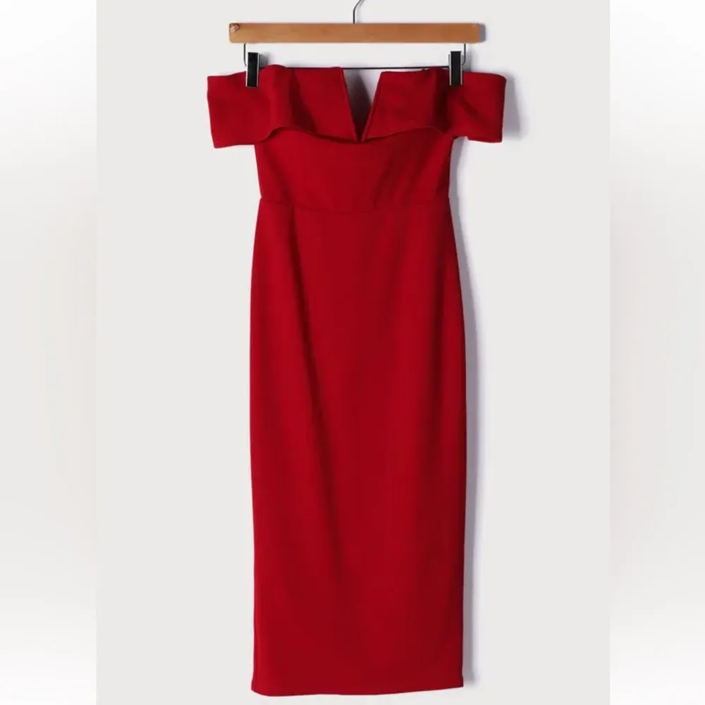 Lulus My Favorite Night Red Off-the-Shoulder Bodycon Midi Dress SMALL - Image 5