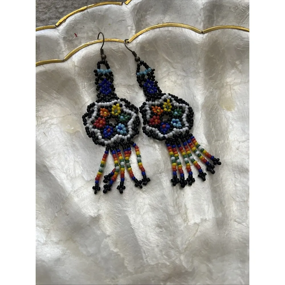 Handmade Native Beaded Shield Chandelier Pierced Dangle Earrings - Image 3