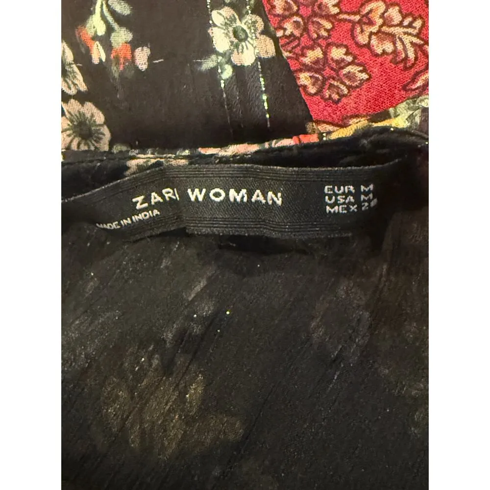 Zara Floral Patchwork Tiered Pompom Semi Sheer Peasant Mini Dress M Black Red - Image 9