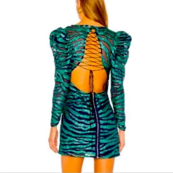 For Love and Lemons RARE Metallic Lace Up Tiger Mini Dress NWT Emerald Sequin - Image 7