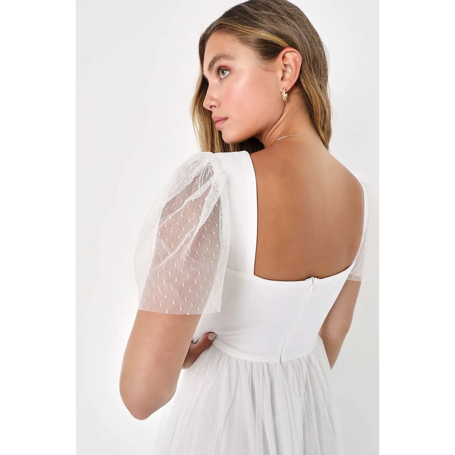 NWT Lulus Dreamy Celebration White Tulle Bustier Swiss Dot Midi Dress Bride XS - Image 4