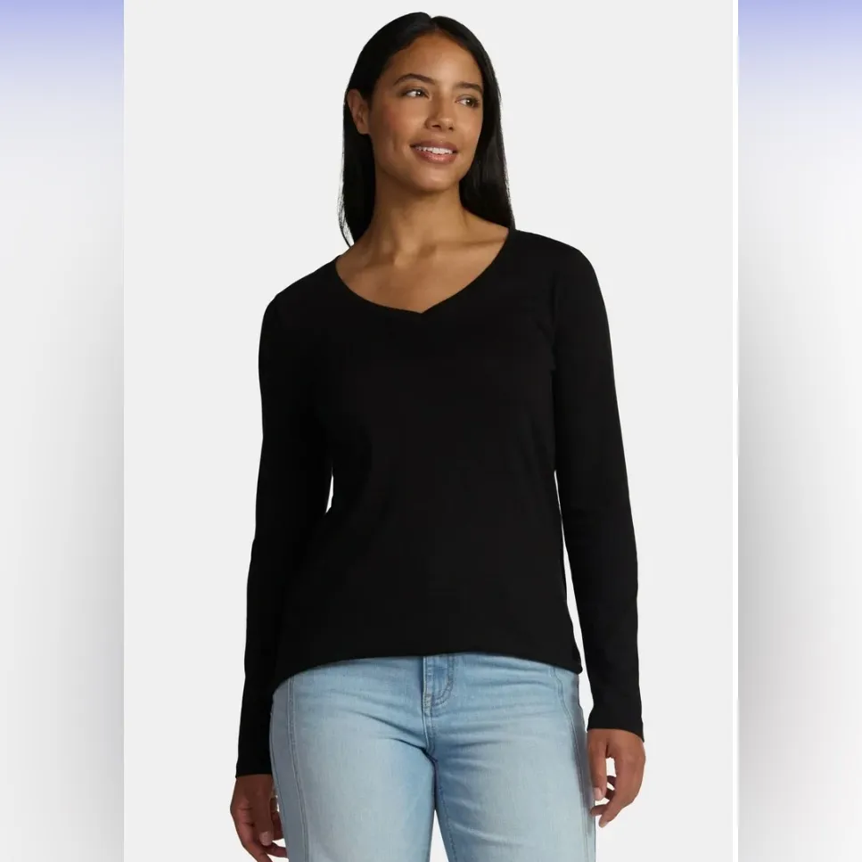 TIME and TRU Womens Long Sleeve V Neck T-Shirt Black Size Large 12-14 Cotton New - Image 2