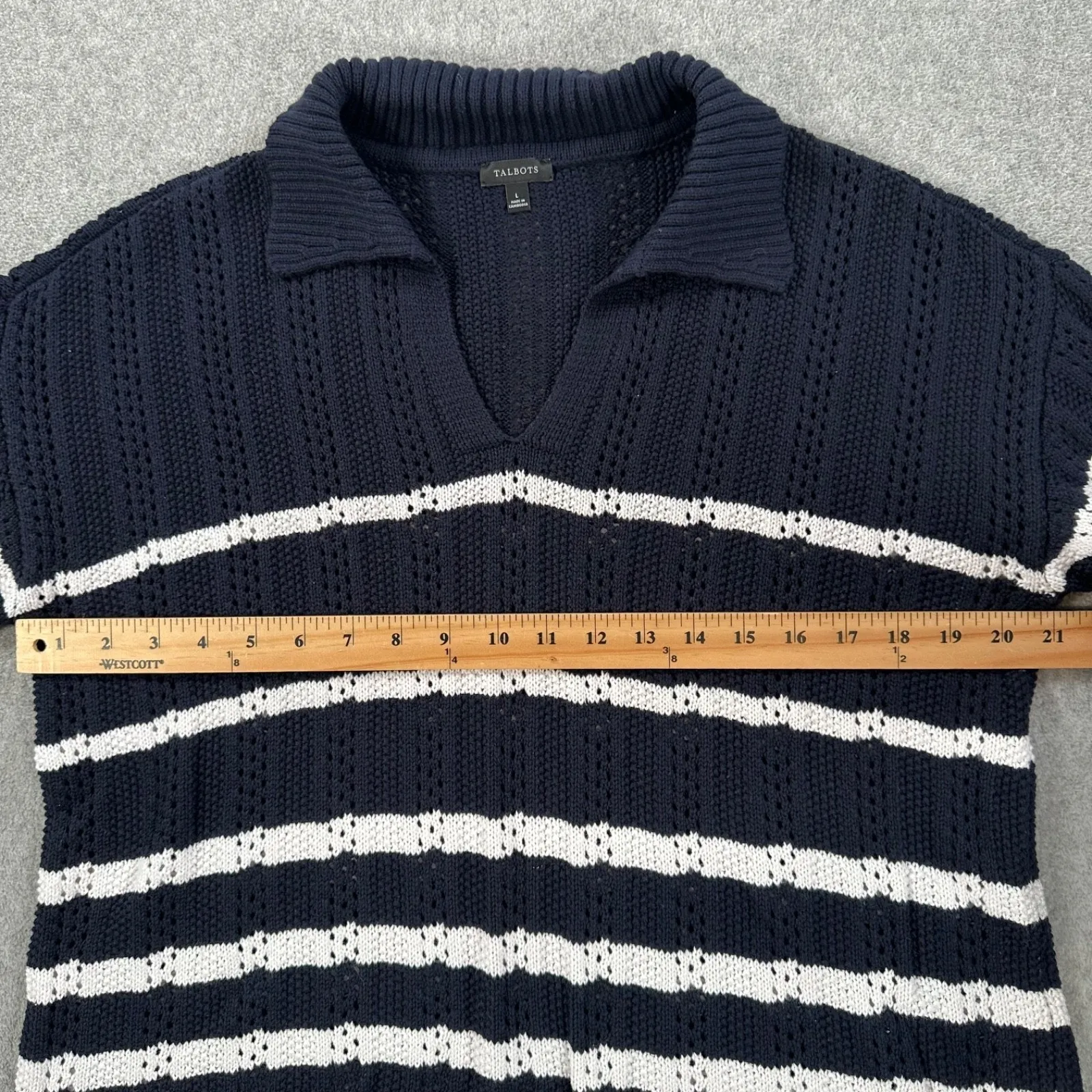 Talbots Open Knit Johnny Collar Sweater Women's Large Navy Blue/White Stripe - Image 7