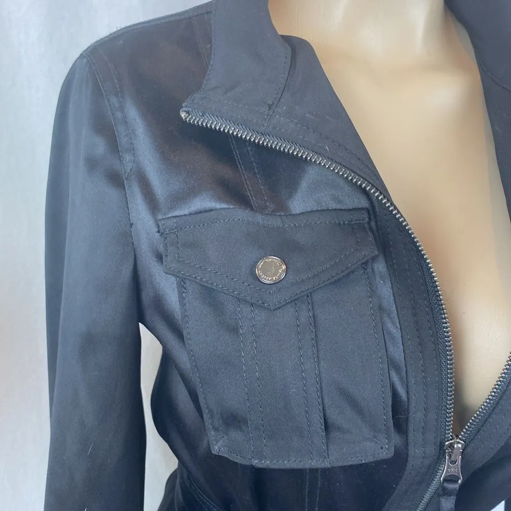 Black Satin Long Sleeve Zip Up Utility Military Belted Jacket From WHBM 2 - Image 3