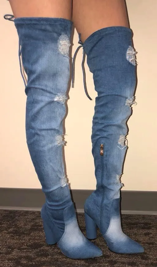 Denim Knee High Boots Blue Size 7 - Image 3