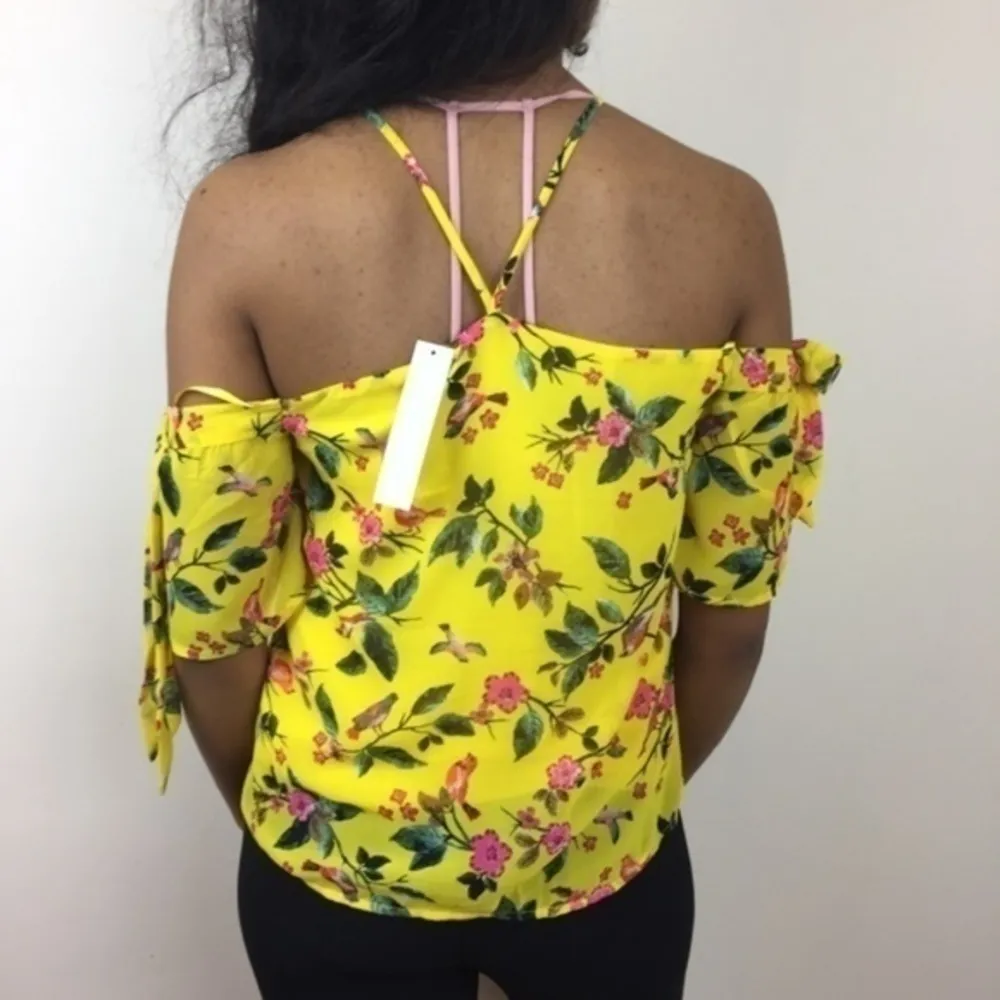 Monteau‎ Womens Size S Bird & Floral Off The Shoulder Chiffon Blouse - Image 3