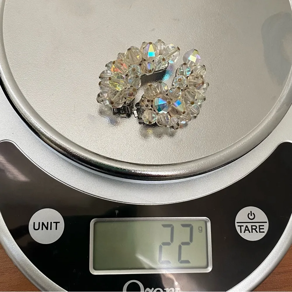 Vintage 50’s LAGUNA Faceted AB Crystal Aurora Borealis Crawler Clip On Earrings White - Image 12