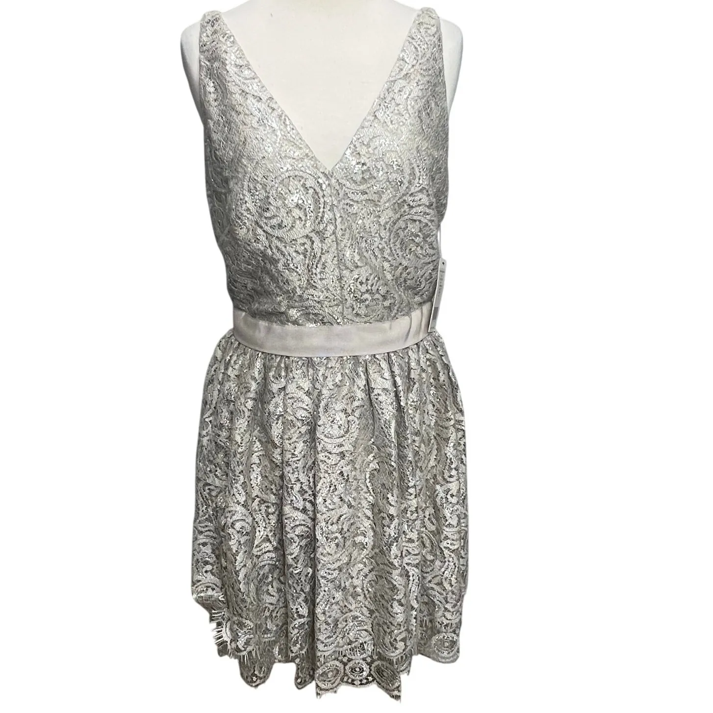 Robert Rodriguez Lace Mini Dress 8 Cream Metallic Tiered Cocktail Party Holiday - Image 2