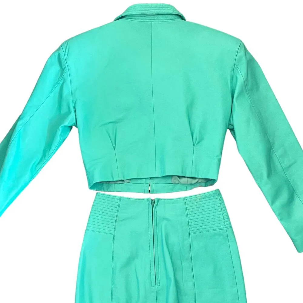 Vintage 80s Yucatan Bay Teal 2 Piece Leather Mini Skirt Jacket Matching Suit Set - Image 2