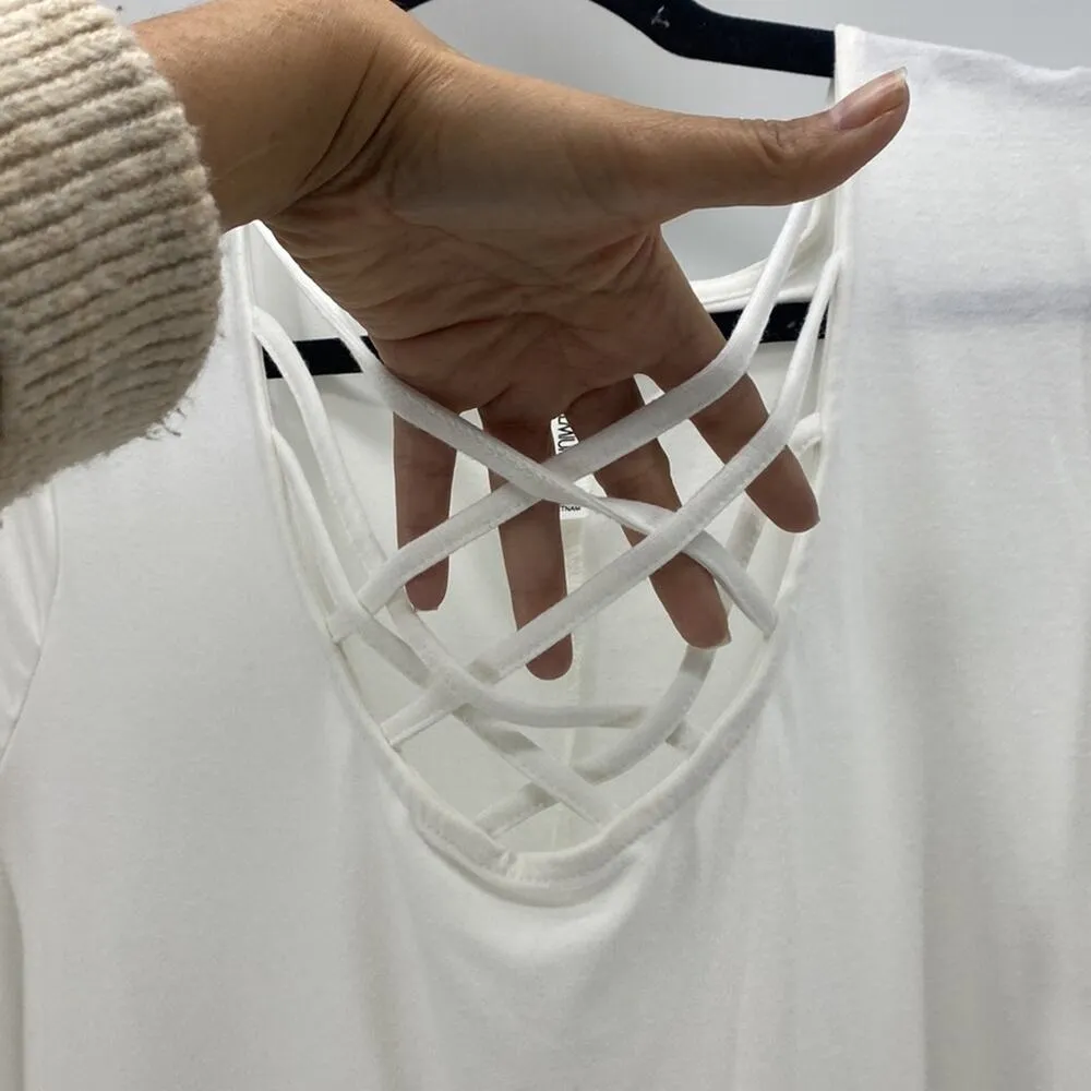 Zenana Premium caged chest white trapeze tunic top closet staple versatile - Image 4