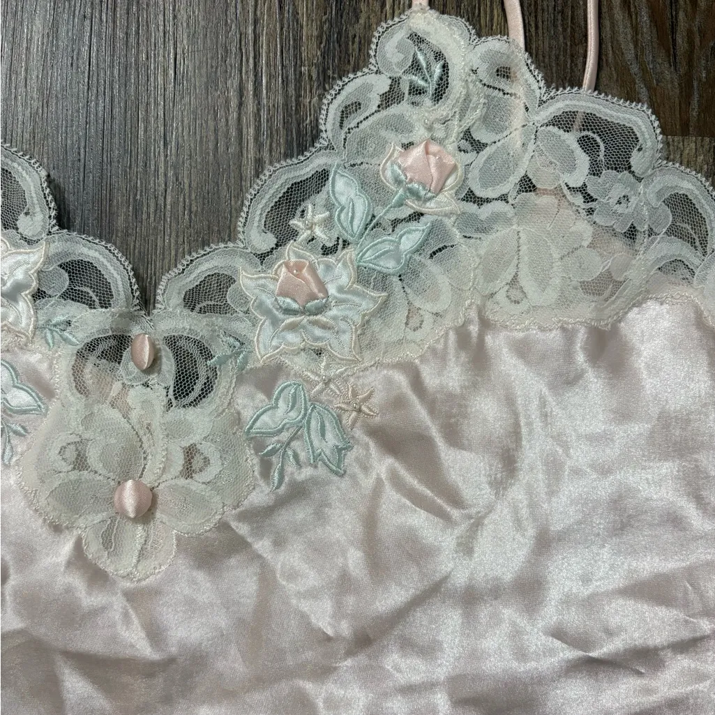 Vintage Blush Pink Satin Lace Floral Detailing Large Cami Babydoll Coquette - Image 5