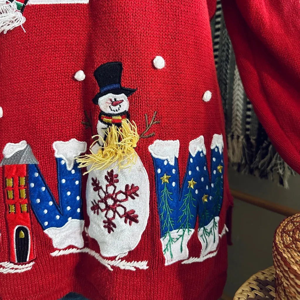 Vintage 90s Holiday Editions Christmas Whimsical Snowman Ugly Sweater Red Size L - Image 2