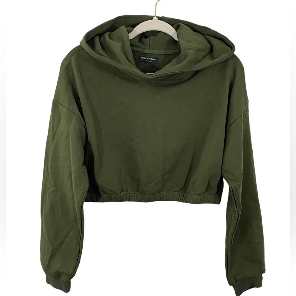 NWOT Naked Wardrobe Olive Green‎ Cropped Hoodie Size LARGE - Image 3