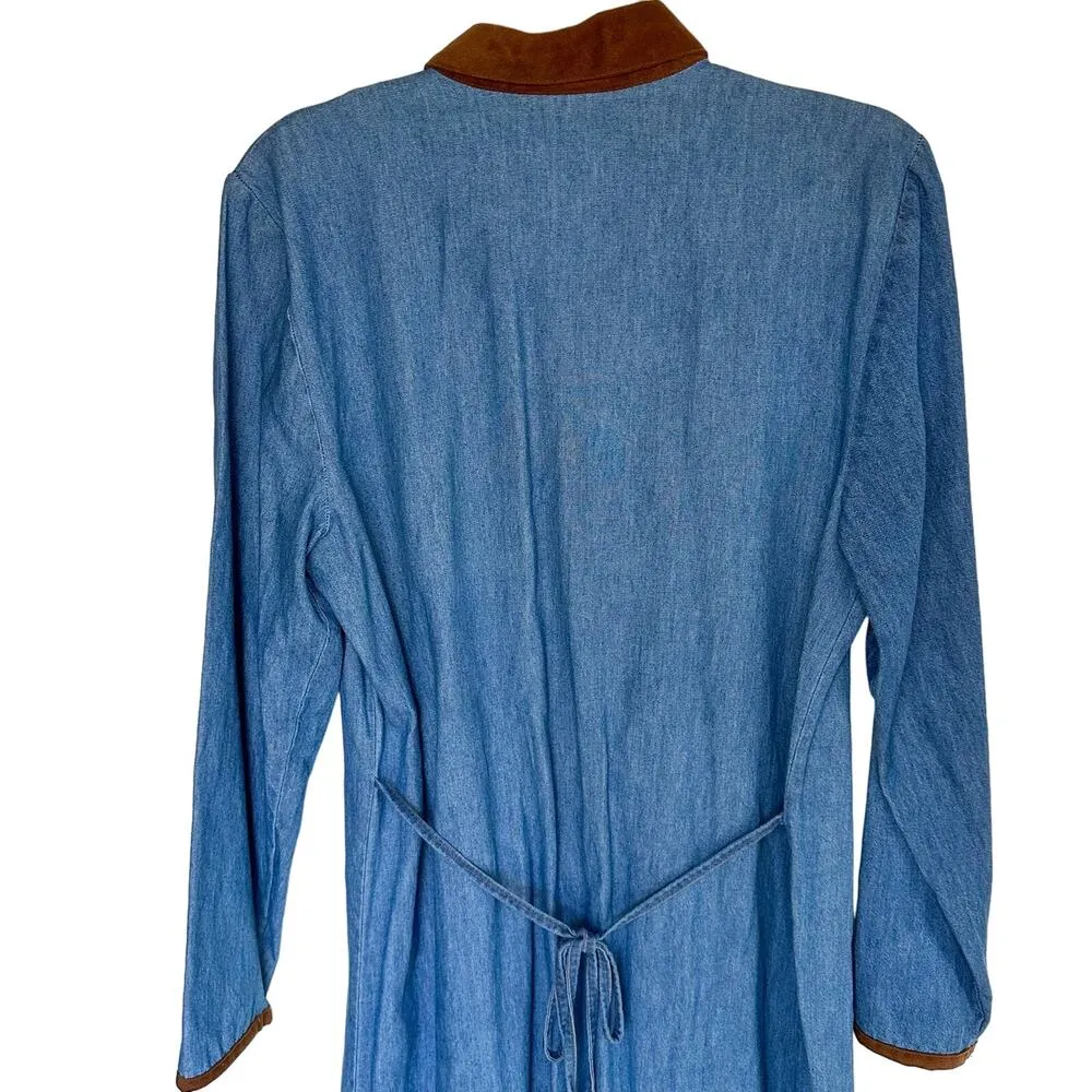 Vintage 90s Denim Teacher Dress Fall Maxi Dress with Faux Suede Collar 12 Blue - Image 5