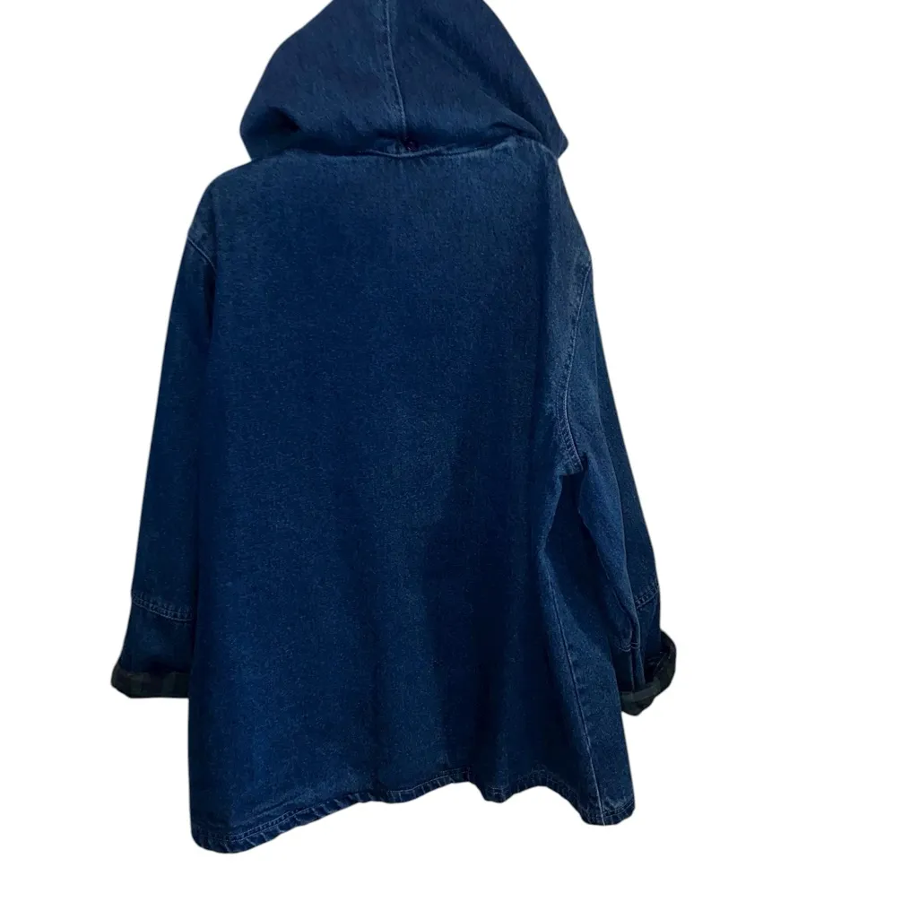 NorthStyle Denim Chore Coat Barn Jacket Green plaid flannel lining Hooded Fall Blue Size L - Image 15