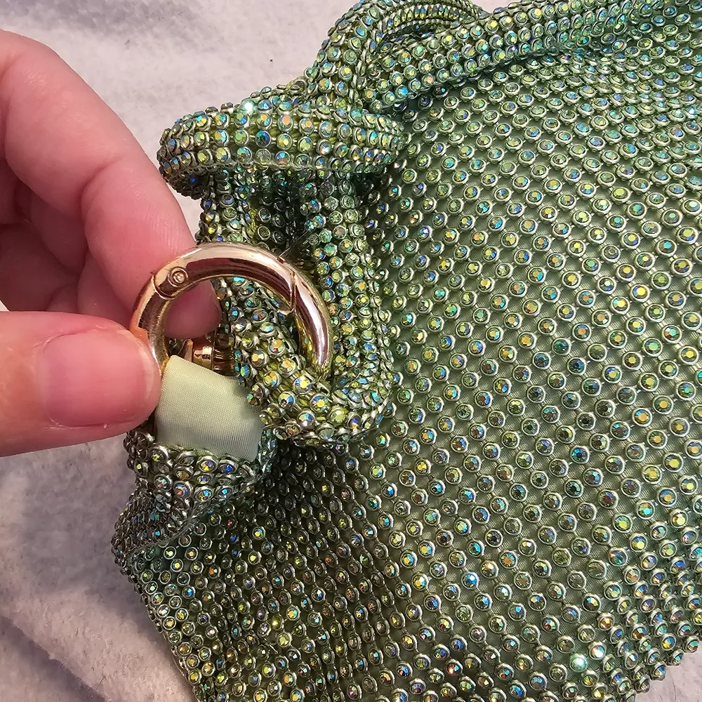Rhinestone Hobo Shoulder Evening Bag With Tie Strap In Light Green - Image 3