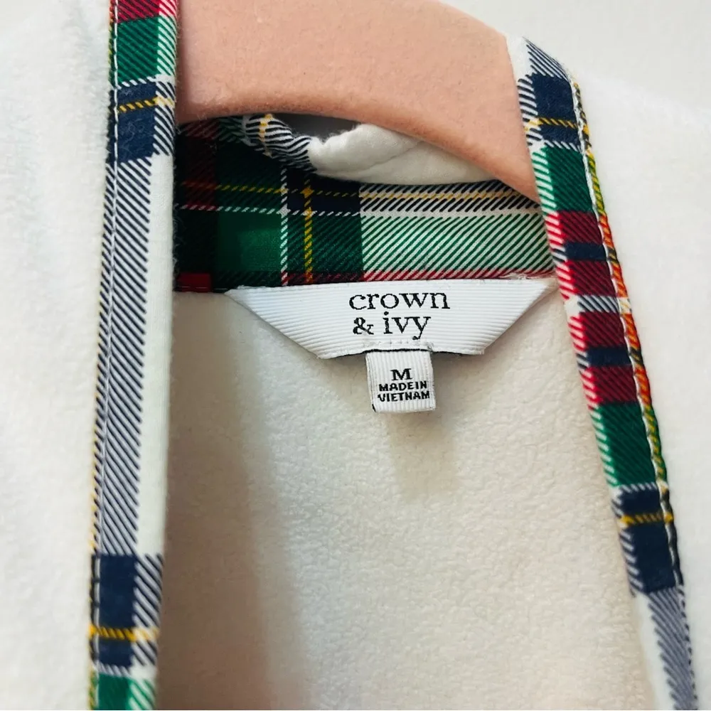 Crown & Ivy White Fleece Pullover w Plaid Accents Sz Medium - Image 3