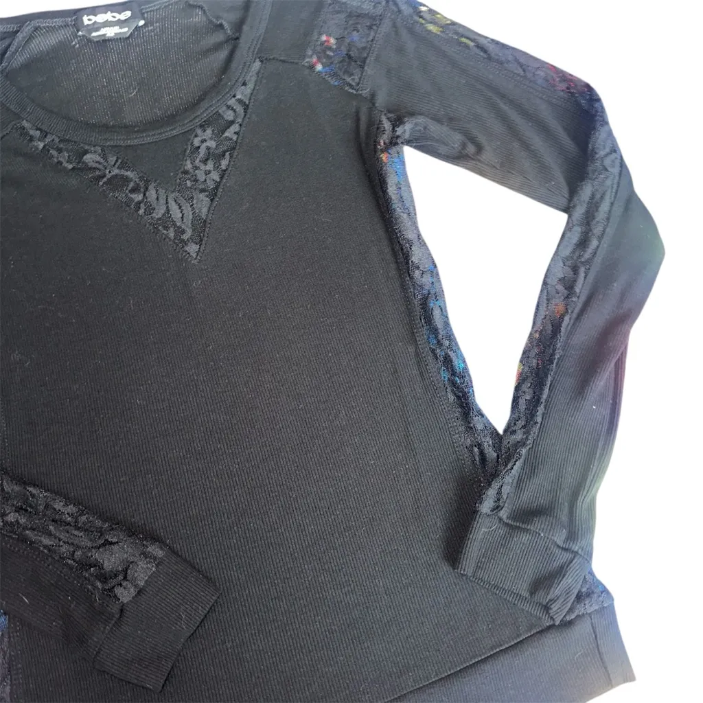 Y2K Bebe Bling Lace Trim Long Sleeve Henley! - Image 4