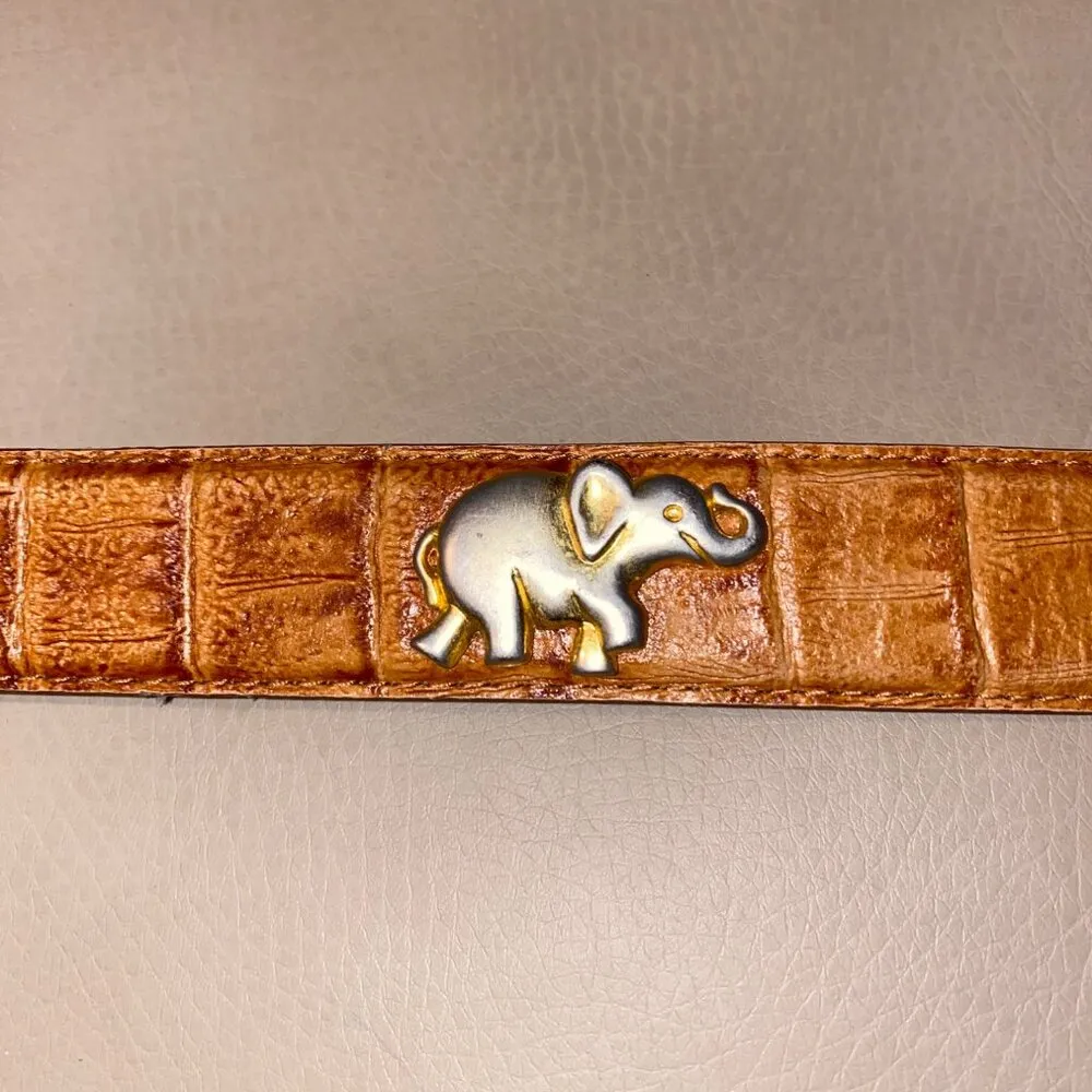Leather Belt Tan Camel Brown 34 Small Vintage Animal Elephant Lion Metal Accent - Image 3