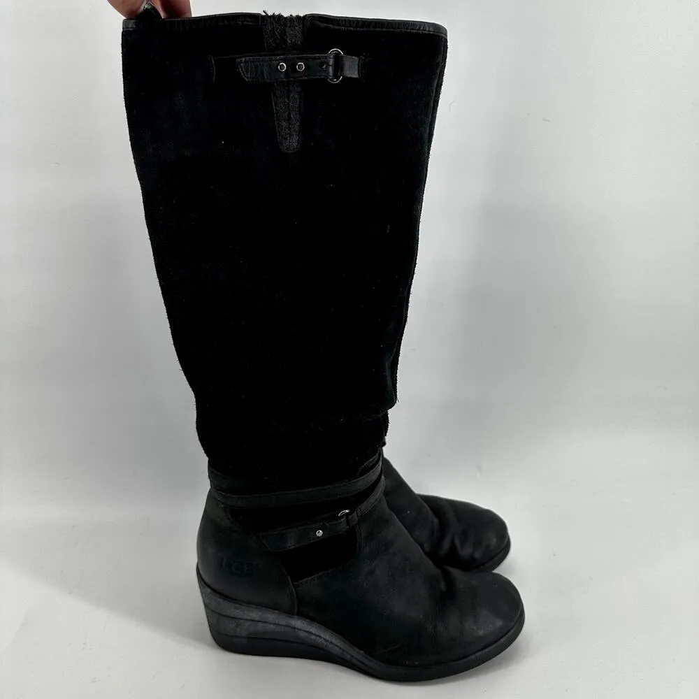 UGG Lesley Wedge Knee High Boots Waterproof Buckle Zip Suede Leather Black 6 - Image 2