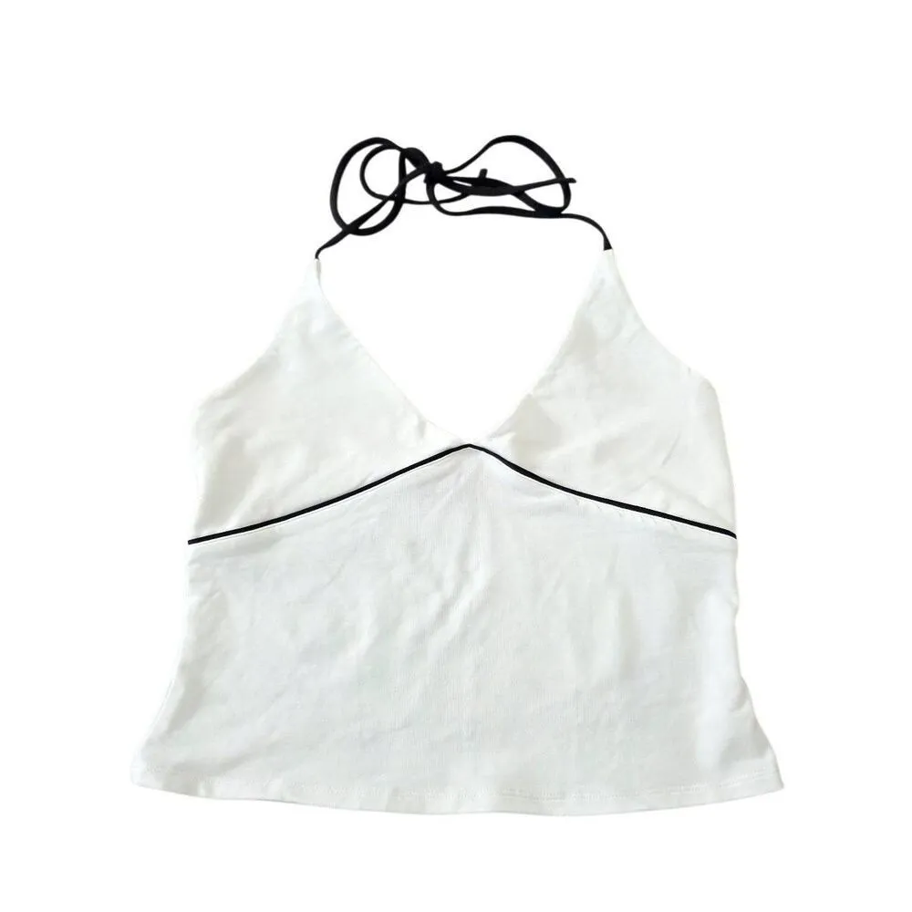 Edikted Celine Contrast Halter Top Size Medium White Black Crop - Image 3