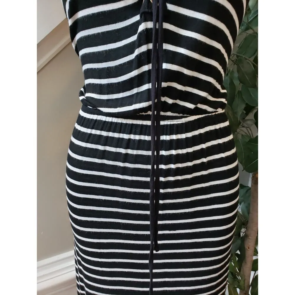 Espresso Long Maxi Dress Women's M Black White Striped Cinch Waist Lace Up Front Size M - Image 8