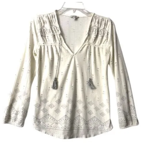Lucky‎ Brand Tassel Tie Long Sleeve Top M Cream Boho Earthy Free Spirit Peasant - Image 2