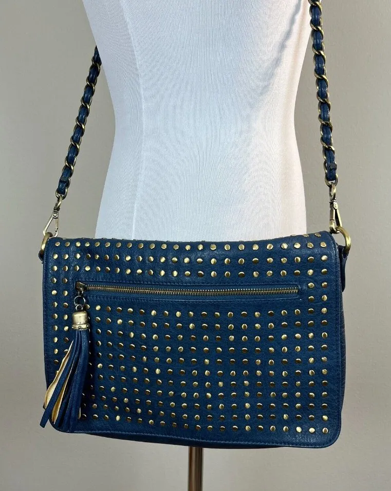 Urban Expressions Crossbody Bag Certified Vegan Leather Blue Brass Chain Studded - Image 1