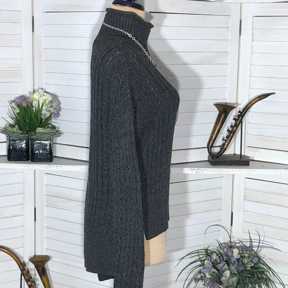 Loft Cotton Cable Knit Asymmetrical Sweater Gray Medium - Image 3