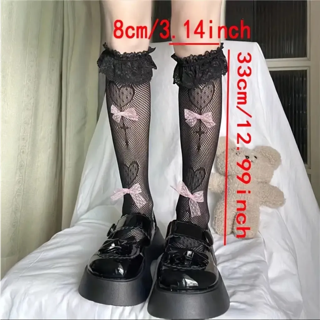 Black Lolita Style Calf Socks Lace‎ Trim Polyester Knit Fabric Socks One Size - Image 6
