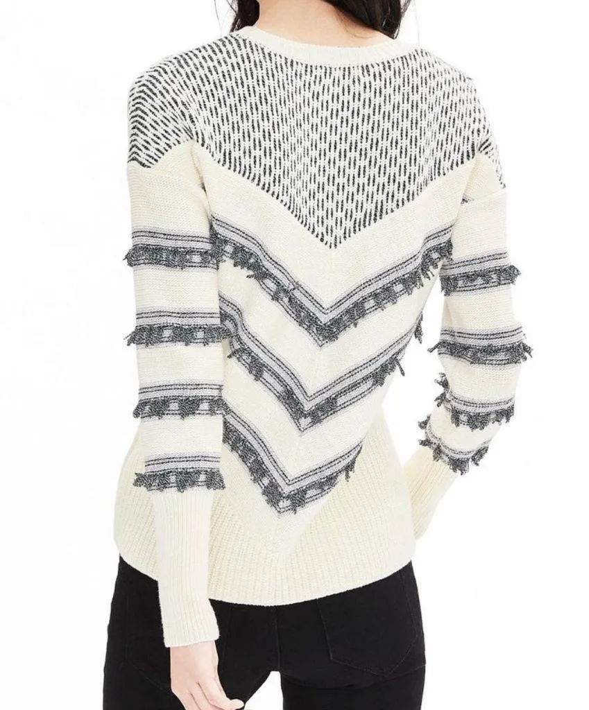Banana Republic Women's Medium Chevron Fringe Black White Chunky Knit Sweater - Image 2