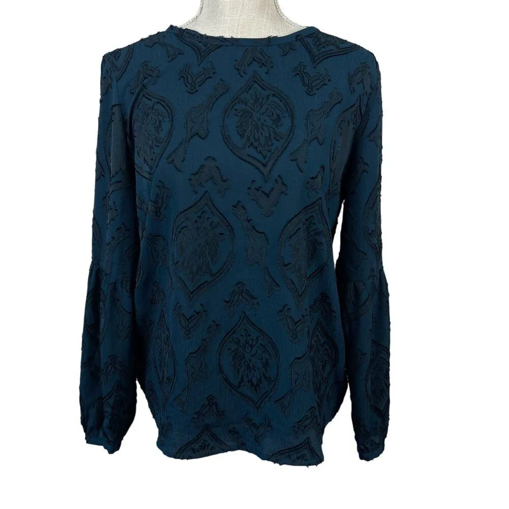Ann Taylor Loft Floral Velvet Burnout Blouse Womens MP Blue Boho Dark‎ Academia - Image 2