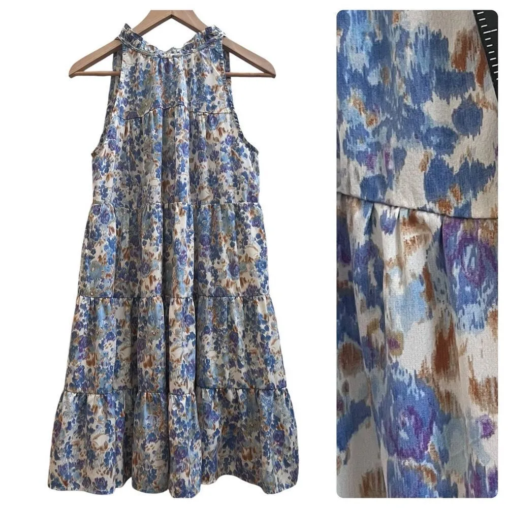 Hailey & Co Ikat Watercolor Print High Neck Sleeveless Tiered Dress Size Small - Image 3