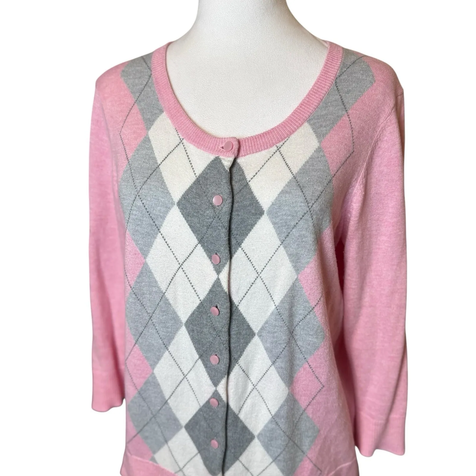 Talbots Cardigan Sweater Small Pink Academia Preppy Argyle Twee Classic Pastel - Image 2