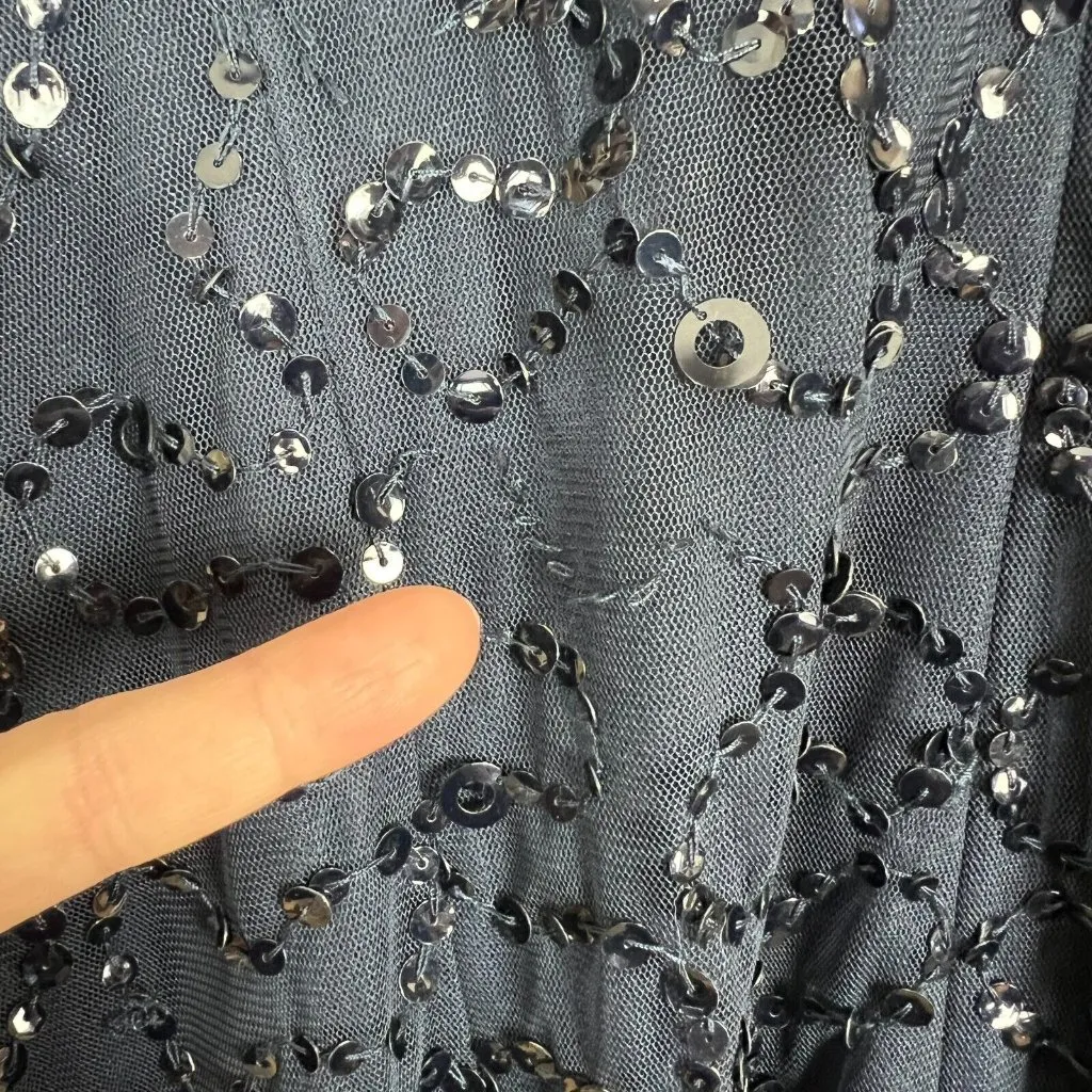 Papell Boutique Dress 16 Navy Blue Sequin Sheath Sheer Long Sleeve‎ Cocktail Zip - Image 9