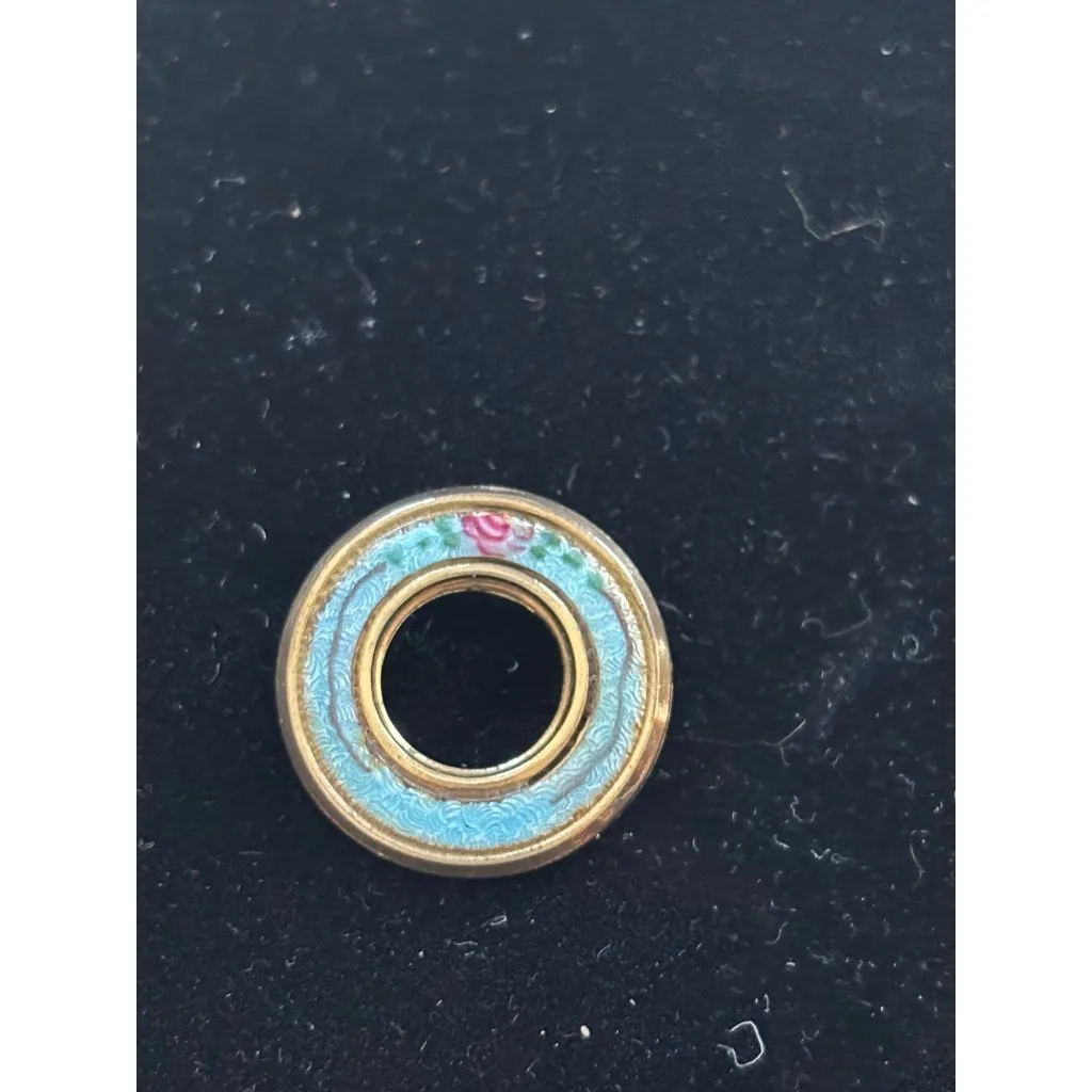 Enamel Floral Round Brooch Pin With Gold Tone Edge & Blue Detail For Women - Image 7